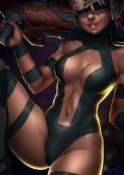 Rule 34 | 1girl, armband, backlighting, black leotard, black thighhighs, breasts, center opening, cleavage, covered eyes, dark-skinned female, dark skin, facing viewer, feathers, gun over shoulder, highres, huge weapon, hunter (quake), leotard, lips, medium breasts, navel, nose, purple background, purrmia, quake, quake 3 arena, skull on head, smile, solo, thigh strap, thighhighs, thighs, toned, weapon, wristband
