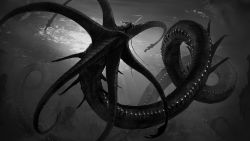 Rule 34 | absurdres, animal focus, caustics, commission, dutch angle, extra eyes, fangs, gargantuan leviathan (subnautica), giant, giant monster, grey theme, greyscale, highres, monochrome, monster, no humans, open mouth, sharp teeth, solo, submarine, subnautica, tapwing, teeth, tentacles, underwater, watercraft