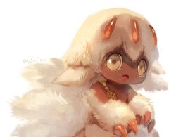 Rule 34 | 1girl, :d, claws, commentary request, dark skin, dark-skinned female, faputa, fewer digits, fluffy, looking at viewer, made in abyss, manino (mofuritaionaka), monster girl, open mouth, signature, simple background, smile, solo, tail, white background, white hair