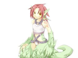 Rule 34 | 1girl, animal ears, bmp-to-png conversion, breasts, closed mouth, clothing request, colored skin, cowboy shot, dragon ears, dragon girl, dragon tail, facial tattoo, fins, frfr, game cg, granberia, green skin, hair intakes, head fins, light frown, looking at viewer, medium breasts, mon-musu quest!, monster girl, neck tattoo, non-web source, pointy ears, red hair, scales, short hair, simple background, solo, tail, tattoo, transparent background, v-shaped eyebrows, yellow eyes, yellow skin