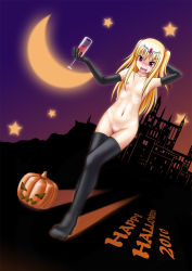 Rule 34 | 10s, 1girl, 2010, alcohol, black gloves, black thighhighs, blonde hair, blush, breasts, elbow gloves, english text, fang, flat chest, gloves, hair bobbles, hair ornament, halloween, happy halloween, highres, iris sepperin, jack-o&#039;-lantern, legs, long hair, moon, navel, nipples, no pussy, nude, open mouth, pumpkin, red eyes, rin takanashi glacies, rosenkreuzstilette, smile, solo, star (symbol), thighhighs, twintails, wine
