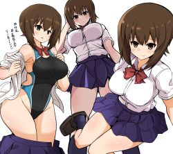 Rule 34 | 1girl, absurdres, alternate costume, black one-piece swimsuit, blouse, blue skirt, brown eyes, brown hair, clothes pull, clothing cutout, competition swimsuit, cowboy shot, dress shirt, from below, girls und panzer, highleg, highleg swimsuit, highres, invisible chair, multiple views, nishizumi maho, one-piece swimsuit, open clothes, open shirt, pleated skirt, red neckwear, school uniform, shirt, short hair, side cutout, simple background, sitting, skindentation, skirt, standing, swimsuit, swimsuit under clothes, undressing, white background, white shirt, yogurt bakudan