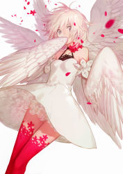 Rule 34 | 1girl, bare shoulders, blonde hair, breasts, choker, cotta, covering own mouth, dress, frills, grey eyes, harpy, highres, monster girl, multiple wings, original, petals, red thighhighs, short hair, small breasts, solo, thighhighs, white dress, winged arms, wings