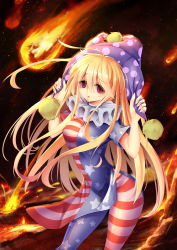 Rule 34 | 1girl, american flag dress, american flag legwear, blonde hair, blurry, clownpiece, contrapposto, depth of field, dress, empty eyes, eyebrows, eyelashes, fire, hair between eyes, hands up, hat, highres, holding, jester cap, long hair, looking at viewer, meteor, neck ruff, no wings, pants, pantyhose, parted lips, plasma, polka dot, polka dot headwear, pom pom (clothes), pulling, red eyes, rock, short dress, short sleeves, solo, standing, star (symbol), star print, striped, touhou, z.o.b
