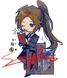 Rule 34 | 1girl, black jacket, black pants, brown hair, butler, chibi, closed mouth, coin, collared shirt, cross tie, female butler, full body, g7cdpdto2i6hot6, high ponytail, jacket, limbus company, long hair, long sleeves, one eye closed, pants, parted bangs, project moon, rodion (project moon), sample watermark, shirt, simple background, smile, solo, standing, standing on one leg, very long hair, watermark, white background, white shirt