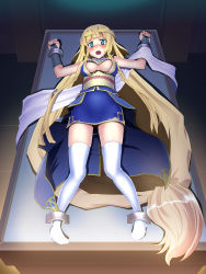 Rule 34 | 1girl, absurdly long hair, absurdres, arksign, bare shoulders, bdsm, blonde hair, blush, bondage, boots, bound, breasts, bridal gauntlets, covered erect nipples, full body, green eyes, highres, kimura shigetaka, long hair, low-tied long hair, lying, on back, open mouth, restrained, shawl, solo, stationary restraints, tears, thigh boots, thighhighs, very long hair, yui (arksign)