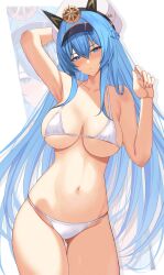 Rule 34 | 1girl, absurdres, arm up, armpits, bikini, blue eyes, blue hair, braid, breasts, commentary, gluteal fold, goddess of victory: nikke, hair between eyes, hand up, hat, helm (nikke), highres, large breasts, light frown, long hair, looking at viewer, navel, solo, swimsuit, thigh gap, thighs, underboob, very long hair, wabimochi, white bikini, white hat, zoom layer