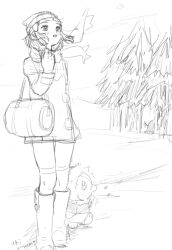 Rule 34 | 1girl, :d, adjusting scarf, akiyasumi, alternate hair length, alternate hairstyle, artist name, bag, beanie, bird, boots, clothed pokemon, coat, creatures (company), dawn (pokemon), duffel bag, enpera, floating clothes, floating scarf, footprints, game freak, gen 2 pokemon, gen 4 pokemon, hair ornament, hat, long sleeves, monochrome, nintendo, open mouth, over-kneehighs, pig, piloswine, pine tree, piplup, pokemon, pokemon (creature), pokemon dppt, pokemon platinum, scarf, short hair, simple background, smile, snow boots, solo, standing, thighhighs, tree, white background