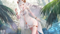 Rule 34 | 1girl, :o, animal ears, arknights, artist name, bikini, bracelet, character name, commentary, criss-cross halter, dutch angle, flat chest, halterneck, hand up, highres, horse ears, horse girl, horse tail, jewelry, ksartworks, laurel crown, long hair, looking at viewer, official alternate costume, palm leaf, platinum (arknights), platinum (shimmering dew) (arknights), sarong, solo, standing, swimsuit, swimsuit cover-up, tail, thigh strap, very long hair, wading, white bikini, white hair, white sarong, yellow eyes