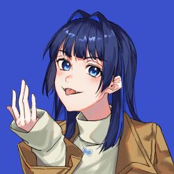 Rule 34 | 1girl, blue background, blue eyes, brown coat, cguanjen, coat, commentary, fangs, grey sweater, hair intakes, highres, hololive, hololive english, long hair, long sleeves, looking at viewer, open mouth, ouro kronii, purple hair, simple background, sleeves past wrists, solo, sweater, tongue, tongue out, turtleneck, turtleneck sweater, upper body, virtual youtuber