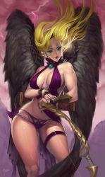 Rule 34 | 1girl, absurdres, black wings, blonde hair, blue eyes, bow (weapon), breasts, commission, curvy, earrings, elsevilla, eyelashes, eyeshadow, facial mark, forehead mark, halterneck, has bad revision, has downscaled revision, headband, highres, jewelry, large breasts, lightning, lips, lipstick, long hair, makeup, md5 mismatch, muscular, nail polish, navel, original, quiver, resized, resolution mismatch, ring, signature, solo, source smaller, thigh strap, upscaled, weapon, wings