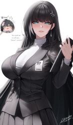 Rule 34 | +++, 2024, 2girls, absurdres, ahoge, baizhi (wuthering waves), bare shoulders, black gloves, black hair, black jacket, black skirt, blue archive, blue eyes, blush, breasts, chibi, chibi inset, commentary, cosplay, cowboy shot, dated, doodle sensei (blue archive), earrings, english commentary, english text, eyeliner, fang, female rover (wuthering waves), gloves, hair between eyes, hair intakes, hair ornament, hairclip, highres, holding, holding tablet pc, huge breasts, id card, jacket, jewelry, long hair, long sleeves, looking at viewer, makeup, multicolored hair, multiple girls, parted lips, red eyeliner, rio (blue archive), rio (blue archive) (cosplay), rover (wuthering waves), sensei (blue archive), shiwudesu, signature, simple background, skin fang, skirt, sparkle, sparkling eyes, standing, streaked hair, sweater, tablet pc, turtleneck, turtleneck sweater, very long hair, white background, white sweater, wuthering waves, yellow eyes