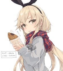 Rule 34 | 1girl, alakoala, alternate costume, anchor hair ornament, black hairband, blonde hair, brown eyes, collaboration, commentary request, eating, food, food on face, grey jacket, hair ornament, hairband, highres, ichiroku (sakumogu-029), jacket, kantai collection, long hair, looking at viewer, plaid, plaid scarf, scarf, shimakaze (kancolle), simple background, solo, taiyaki, upper body, wagashi, white background