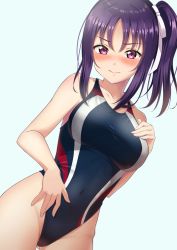 Rule 34 | 1girl, absurdres, blue background, breasts, closed mouth, collarbone, competition swimsuit, covered navel, highres, kazuno sarah, large breasts, looking at viewer, love live!, love live! sunshine!!, oku 1225, one-piece swimsuit, pink eyes, ponytail, purple hair, simple background, solo, swimsuit, thighs