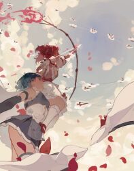 Rule 34 | 2girls, arrow (projectile), blue hair, blue sky, bow (weapon), cloud, commentary request, detached sleeves, familiar (madoka magica), frilled skirt, frills, from below, gloves, kaname madoka, luli (bungo kuni), magical girl, mahou shoujo madoka magica, mahou shoujo madoka magica (anime), mary janes, miki sayaka, multiple girls, petals, puffy sleeves, red footwear, ribbon, shoes, short hair, short twintails, skirt, sky, thighhighs, thighs, twintails, weapon, white gloves, white thighhighs