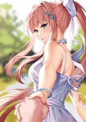 Rule 34 | 1girl, bare shoulders, blurry, blurry background, blush, bow, breasts, brown hair, commentary, day, doki doki literature club, dress, english commentary, from behind, green eyes, hair bow, hair ribbon, holding hands, long hair, looking at viewer, looking back, medium breasts, monika (doki doki literature club), outdoors, parted lips, ponytail, pov, ribbon, satchely, sidelocks, sky, smile, solo focus, sundress, very long hair, white ribbon