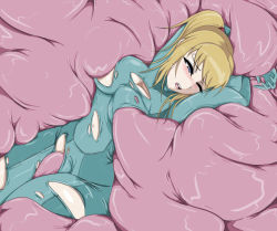 Rule 34 | 1girl, arms up, bhm, blonde hair, blush, breasts, inside creature, metroid, monster, nintendo, no bra, ponytail, restrained, samus aran, tentacles, tentacles under clothes, torn clothes, vore, zero suit
