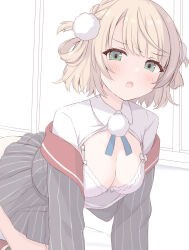 1girl blonde_hair blue_ribbon blunt_bangs blush bra braid breasts collared_shirt commentary green_eyes grey_shirt grey_skirt hair_ornament hair_rings highres indie_virtual_youtuber jacket kurono_yuzuko long_sleeves looking_at_viewer medium_hair miniskirt neck_ribbon open_mouth pinstripe_jacket pinstripe_pattern pinstripe_skirt pleated_skirt pom_pom_(clothes) pom_pom_hair_ornament ribbon shigure_ui_(vtuber) shigure_ui_(vtuber)_(1st_costume) shirt side_braids skirt solo striped_clothes striped_jacket striped_skirt swept_bangs tongue underwear unfinished vertical-striped_clothes vertical-striped_jacket vertical-striped_skirt virtual_youtuber white_bra white_shirt