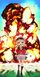 Rule 34 | 1girl, absurdres, backpack, bag, blonde hair, bomb, brown bag, brown footwear, brown gloves, colon daityou25, explosion, explosive, feathers, genshin impact, gloves, grass, hat, hat feather, highres, huge filesize, klee (genshin impact), medium hair, open mouth, outdoors, pointy ears, red eyes, red hat, smile, socks, solo, teeth, twintails, upper teeth only, white socks