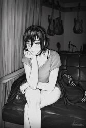 Rule 34 | 1girl, absurdres, black choker, black hair, blush, chainsaw man, choker, couch, greyscale, guitar, hair between eyes, hands on own thighs, highres, instagram logo, instagram username, instrument, looking at viewer, marvin (omarvin), medium hair, monochrome, on couch, reze (chainsaw man), shirt, signature, sitting, solo, twitter username