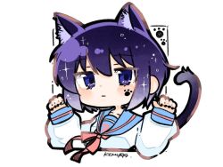 1girl :| animal_ear_fluff animal_ears artist_name blue_sailor_collar bow bowtie cat_ears cat_girl cat_tail closed_mouth collarbone expressionless hair_between_eyes hands_up kemonomimi_mode kimume042616 kita_high_school_uniform long_sleeves nagato_yuki paw_print purple_eyes purple_hair purple_tail red_bow red_bowtie sailor_collar school_uniform shirt short_hair solo suzumiya_haruhi_no_yuuutsu tail tail_raised white_background white_shirt