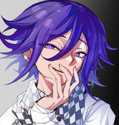 Rule 34 | 1boy, :d, checkered clothes, checkered scarf, danganronpa (series), danganronpa v3: killing harmony, flipped hair, gradient background, grey background, hair between eyes, hand up, highres, jacket, long sleeves, male focus, multicolored hair, oma kokichi, open mouth, pink eyes, pink hair, portrait, purple hair, scarf, smile, solo, teeth, two-tone hair, white jacket, zai ya