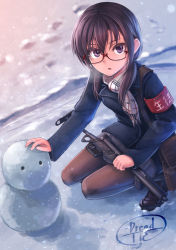 Rule 34 | 1girl, :o, armband, armed school girls illustrations: gun x jk, armed school girls illustrations: gun x jk 2.5, artist name, bad id, bad pixiv id, black coat, black footwear, black pantyhose, blush, brown hair, coat, dreadtie, fringe trim, from above, glasses, grey scarf, grey skirt, gun, hair over shoulder, highres, holding, holding gun, holding weapon, long hair, long sleeves, looking at viewer, looking up, low twintails, open mouth, original, pantyhose, purple eyes, red-framed eyewear, scarf, semi-rimless eyewear, shoes, skirt, snow, snowman, solo, squatting, twintails, under-rim eyewear, weapon, weapon request, winter