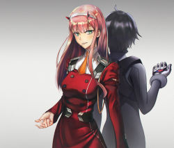 Rule 34 | 10s, 1boy, 1girl, ahoge, back-to-back, black hair, breasts, cowboy shot, darling in the franxx, gloves, green eyes, grey background, height difference, highres, hiro (darling in the franxx), long hair, medium breasts, murasaki saki, pink hair, smirk, very long hair, zero two (darling in the franxx)