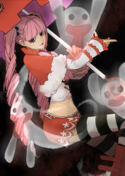 Rule 34 | 1girl, belt, boots, capelet, female focus, fur trim, ghost, long sleeves, midriff, one piece, perona, pink hair, red footwear, red skirt, shoes, short cape, skirt, solo, striped clothes, striped thighhighs, thighhighs, twintails, umbrella