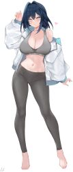 Rule 34 | 1girl, absurdres, alternate costume, arm at side, barefoot, blue eyes, blue hair, blush, breasts, character name, cleavage, clothes writing, contrapposto, crossed bangs, feet, fingernails, full body, grey pants, grey sports bra, hair between eyes, hair intakes, hand up, heart, highres, hololive, hololive english, jacket, large breasts, legs, leon decarabia, long fingernails, long sleeves, medium hair, midriff, mole, mole on breast, mole under eye, navel, off shoulder, open clothes, open jacket, ouro kronii, pants, parted lips, puffy long sleeves, puffy sleeves, signature, simple background, single bare shoulder, solo, sports bra, standing, teeth, toenails, toes, virtual youtuber, white background, white jacket, yoga pants