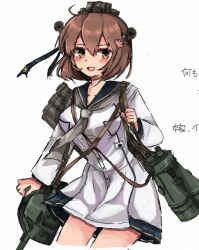 Rule 34 | 1girl, adapted turret, binoculars, black sailor collar, brown eyes, brown hair, cannon, commentary request, cowboy shot, dress, flower, grey neckerchief, hair flower, hair ornament, headgear, kantai collection, long sleeves, neckerchief, open mouth, sailor collar, sailor dress, short hair, simple background, solo, speaking tube headset, standing, turret, white background, white dress, yukikaze2828, yukikaze (kancolle), yukikaze kai ni (kancolle)