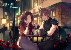 Rule 34 | 1boy, 1girl, :d, ^ ^, aerith gainsborough, armor, belt, blonde hair, brown hair, chair, closed eyes, cloud strife, commentary request, cup, dating, drinking straw, closed eyes, final fantasy, final fantasy vii, flower, gloves, lamppost, long hair, open mouth, outdoors, rose, sam ashton, shoulder armor, sitting, sleeveless, sleeveless turtleneck, smile, spiked hair, table, turtleneck