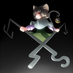 Rule 34 | 1girl, animal ears, basket, capelet, dowsing rod, female focus, grey hair, looking back, mouse (animal), mouse ears, mouse tail, nazrin, red eyes, short hair, simple background, smirk, solo, tail, tora (pixiv), tora (trampjing), touhou