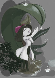 Rule 34 | 1girl, absurdres, arm up, blush, bush, closed eyes, colored skin, creatures (company), female focus, flat chest, full body, game freak, gen 3 pokemon, green hair, green skin, grey background, hair over one eye, hand on own chest, hand up, highres, kirlia, leaf umbrella, light blush, medium hair, mentaiko jojotarou, monochrome, multicolored skin, navel, nintendo, one eye covered, open mouth, outdoors, pokemon, pokemon (creature), puddle, rain, sketch, solo, standing, two-tone skin, water drop, white skin
