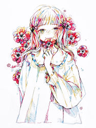 Rule 34 | 1girl, absurdres, anemone (flower), blunt bangs, dress, flower, hatching (texture), highres, holding, holding flower, long sleeves, looking at viewer, original, red flower, signature, simple background, smile, solo, tears, traditional media, watanabe tomari, white background, white dress