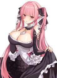 Rule 34 | 1girl, azur lane, between breasts, black dress, blush, breasts, cleavage, cosplay, dress, formidable (azur lane), formidable (azur lane) (cosplay), frilled dress, frills, highres, holding, holding clothes, holding skirt, large breasts, long hair, muki (muki kunxd), perseus (azur lane), pink eyes, pink hair, ribbon, skirt, solo, twintails, two-tone dress, two-tone ribbon, very long hair