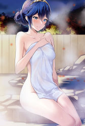 Rule 34 | 1girl, alternate hairstyle, ameno (a meno0), blue eyes, blue hair, blush, closed mouth, collarbone, commentary request, covering privates, covering breasts, covering stomach, fire emblem, fire emblem awakening, holding, holding towel, jewelry, lips, long hair, looking at viewer, lucina (fire emblem), naked towel, night, nintendo, nude cover, onsen, pink lips, sitting, smile, solo, steam, tiara, towel, wet, white towel