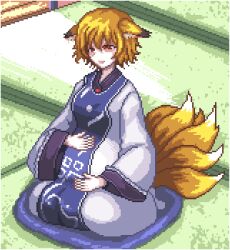 Rule 34 | 1girl, animal ear fluff, animal ears, breasts, dress, ears down, eyeshadow, fox ears, fox tail, grey dress, hair between eyes, hands on own stomach, lowres, makeup, medium breasts, multiple tails, open mouth, pillow, pink eyeshadow, pixel art, pregnant, red eyes, sitting, smile, solo, tail, tatami, touhou, unk kyouso, yakumo ran