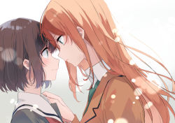 Rule 34 | 2girls, blush, brown hair, brown jacket, closed mouth, collared shirt, commentary request, eye contact, face-to-face, green eyes, green neckwear, hand on another&#039;s shoulder, height difference, jacket, long hair, looking at another, multiple girls, musshu (omu001), necktie, orange hair, original, school uniform, serafuku, shirt, short hair, upper body, white shirt, yuri