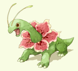 Rule 34 | brown eyes, claws, commentary request, creatures (company), flower, full body, game freak, gen 2 pokemon, meganium, nintendo, no humans, nyala (nyala 766), open mouth, pink flower, pokemon, pokemon (creature), simple background, solo, tongue