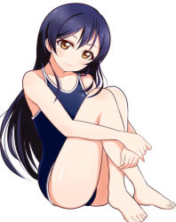 Rule 34 | 10s, 1girl, bare legs, bare shoulders, barefoot, blue hair, blue one-piece swimsuit, blush, brown eyes, closed mouth, collarbone, competition swimsuit, crossed ankles, head tilt, leg up, long hair, looking at viewer, love live!, love live! school idol project, one-piece swimsuit, simple background, sitting, smile, solo, sonoda umi, straight hair, swimsuit, very long hair, wewe, white background