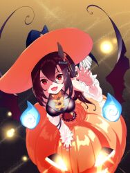 Rule 34 | 1girl, absurdres, azur lane, black hair, black leotard, breasts, candy hair ornament, claw pose, detached sleeves, fang, food-themed hair ornament, hair between eyes, hair ornament, halloween costume, hat, hatski.sin, highres, horns, isuzu (azur lane), isuzu (night of fairy tale) (azur lane), large breasts, large hat, leotard, long hair, looking at viewer, official alternate costume, open mouth, pumpkin, red eyes, ribbon, side ponytail, single horn, skin fang, smile, solo, witch hat, yellow ribbon