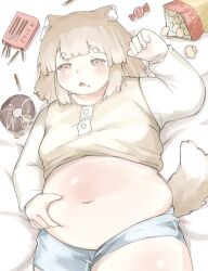 Rule 34 | 1girl, acorn12 o, animal ears, belly, blue shorts, breasts, brown eyes, brown hair, candy, cat ears, cat girl, cat tail, chips (food), clothes lift, commentary request, commission, doughnut, fat, food, food on face, highres, lying, navel, on back, original, pocky, potato chips, shirt lift, short shorts, shorts, skeb commission, small breasts, solo, tail
