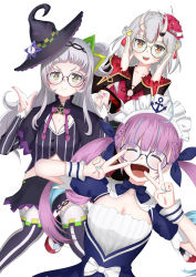 Rule 34 | 3girls, absurdres, adjusting eyewear, bespectacled, closed eyes, commentary request, double v, drill hair, glasses, hair bun, haji (hazyi hazyi), hat, highres, hololive, horns, long hair, looking at viewer, maid headdress, minato aqua, minato aqua (1st costume), multiple girls, murasaki shion, murasaki shion (1st costume), nail polish, nakiri ayame, nakiri ayame (1st costume), open mouth, silver hair, single hair bun, skin-covered horns, twin drills, v, virtual youtuber, white background, witch hat