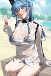 Rule 34 | 1girl, beach, bikini, bikini under clothes, blue bikini, blue eyes, blue hair, blush, braid, breasts, cleavage, cloud, cup, day, drink, embarrassed, gloves, goddess of victory: nikke, hair between eyes, helm (aqua marine) (nikke), helm (nikke), highres, holding, holding cup, large breasts, long hair, long sleeves, looking at viewer, official alternate costume, open mouth, outdoors, ponytail, see-through, see-through cleavage, see-through shirt, shirt, sidelocks, sitting, sky, solo, swimsuit, takeura, thighs, water, wet, wet clothes, wet shirt, white gloves, white shirt