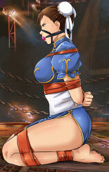 Rule 34 | 1girl, absurdres, arms behind back, ass, ball gag, barefoot, bdsm, body blush, bondage, bound, bound ankles, bound arms, bound legs, bound wrists, breasts, brown eyes, brown hair, bun cover, capcom, chain, chinese clothes, chun-li, cleave gag, cloth gag, double bun, drooling, from side, gag, gagged, hair bun, harness gag, highres, improvised gag, kneeling, large breasts, legs, long legs, lost one zero, nail polish, seiza, short hair, sitting, street fighter, sweat, tape