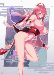 Rule 34 | 1girl, anklet, bare shoulders, breasts, commentary request, detached sleeves, feet, g-string, genshin impact, hair between eyes, hair ornament, hand up, highres, japanese clothes, jewelry, large breasts, nipples, nontraditional miko, partial commentary, pink hair, purple eyes, sandals, sideboob, smile, solo, thong, varie7k, wide sleeves, yae miko