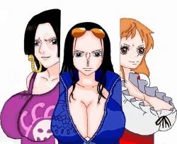 Rule 34 | 3girls, ass, bed, blue eyes, blush, boa hancock, breasts, cleavage, hat, huge breasts, large breasts, long hair, multiple girls, nami (one piece), nami (one piece) (whole cake island), nico robin, one piece, orange hair