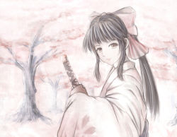 Rule 34 | 00s, 1girl, bad id, bad pixiv id, black hair, bow, brown eyes, brown gloves, cherry blossoms, faded, fingerless gloves, floral print, from side, gloves, hair bow, japanese clothes, katana, kimono, large bow, light rays, lips, looking at viewer, muted color, pink bow, ponytail, renyu, sakura taisen, shinguuji sakura, sidelocks, solo, sunbeam, sunlight, sword, sword hilt, tree, weapon
