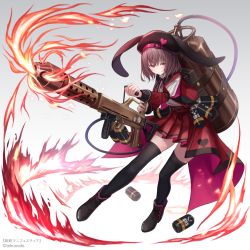 Rule 34 | 1girl, black footwear, black thighhighs, brown hair, eyebrows, hat, heart, highres, holding, holding weapon, konome noi, long sleeves, looking at viewer, official art, pleated skirt, red eyes, seiken manifestia, shoes, short hair, skirt, solo, thighhighs, weapon, zettai ryouiki